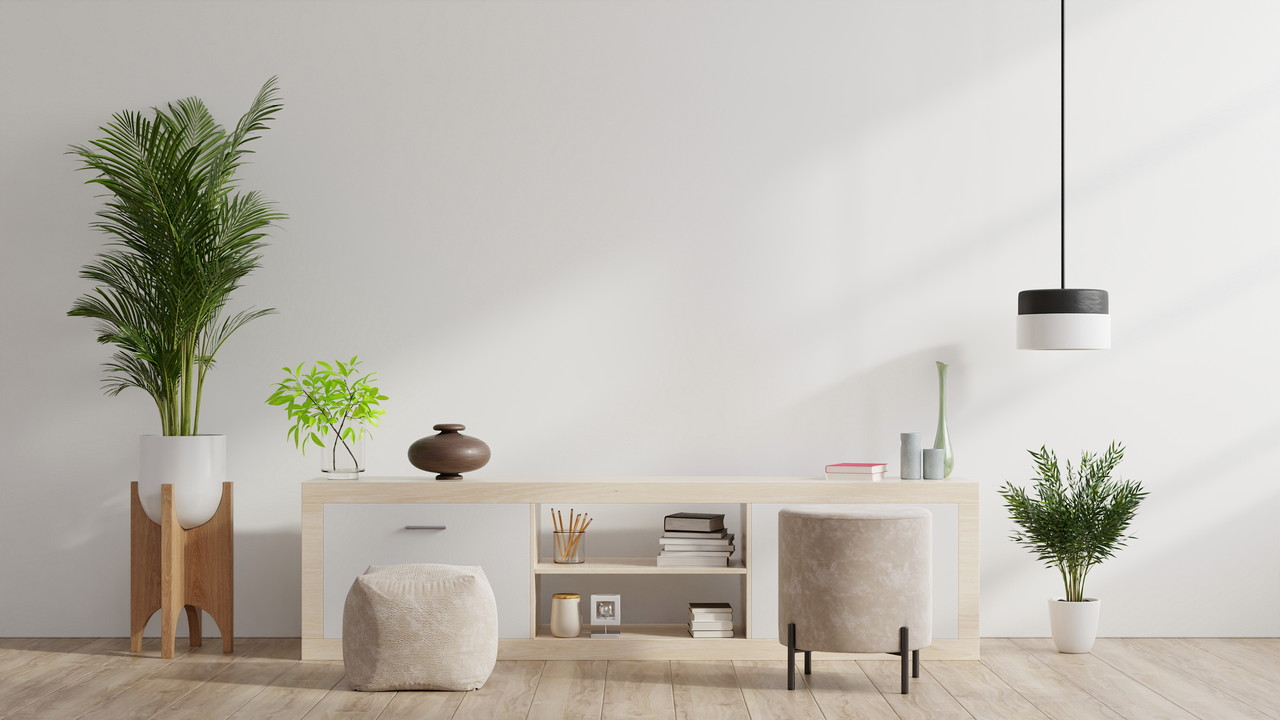 Cabinets and wall for tv in living room, Mockup white wall,3D rendering